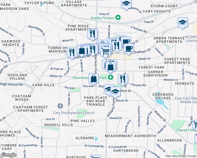 map of restaurants, bars, coffee shops, grocery stores, and more near 315 South Harrison Avenue in Cary