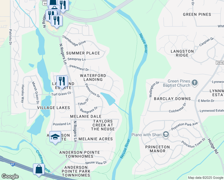 map of restaurants, bars, coffee shops, grocery stores, and more near 5801 Brookshadow Drive in Raleigh