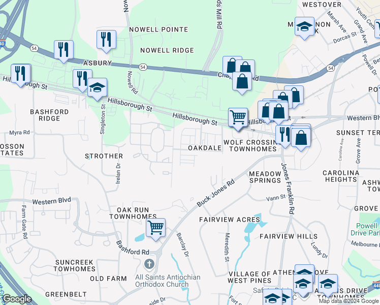 map of restaurants, bars, coffee shops, grocery stores, and more near 5815 Waycross Street in Raleigh