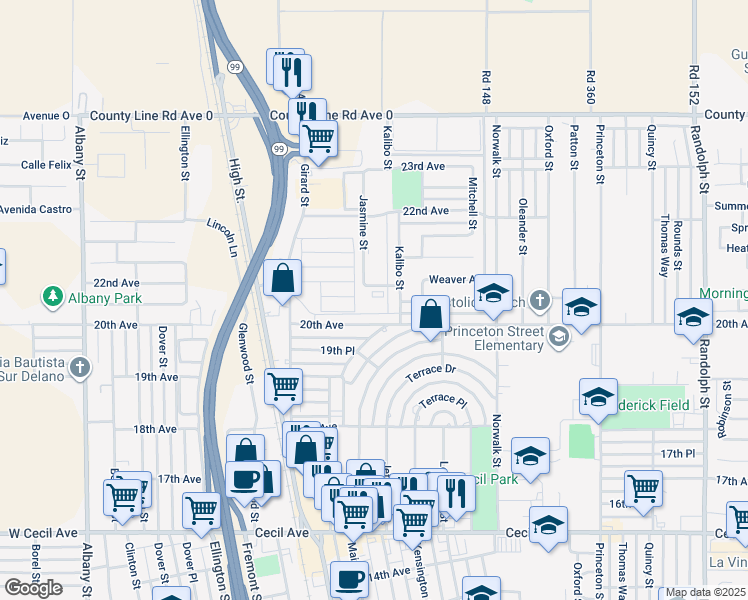 map of restaurants, bars, coffee shops, grocery stores, and more near 2025 Kalibo Street in Delano