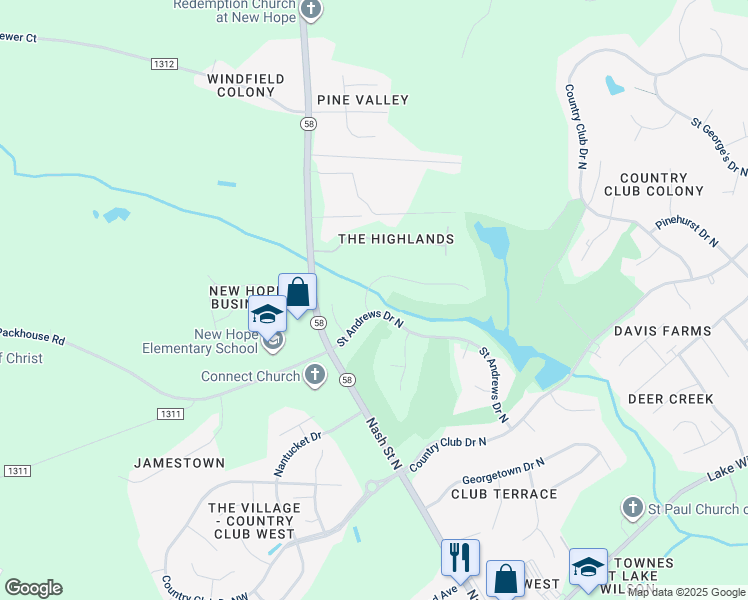 map of restaurants, bars, coffee shops, grocery stores, and more near 4800-4804 Wimbledon Court North in Wilson