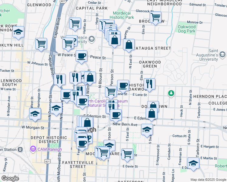map of restaurants, bars, coffee shops, grocery stores, and more near 306 North Person Street in Raleigh