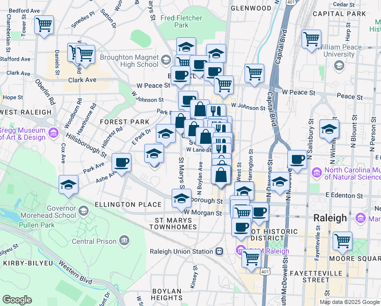 map of restaurants, bars, coffee shops, grocery stores, and more near 219 North Boylan Avenue in Raleigh