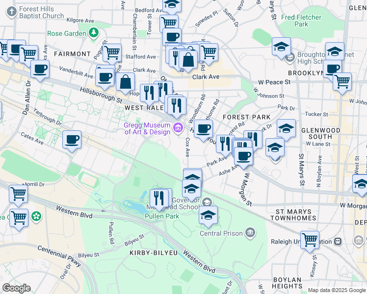 map of restaurants, bars, coffee shops, grocery stores, and more near 122 Cox Avenue in Raleigh