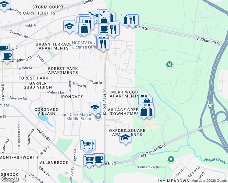 map of restaurants, bars, coffee shops, grocery stores, and more near 1150 Southeast Maynard Road in Cary
