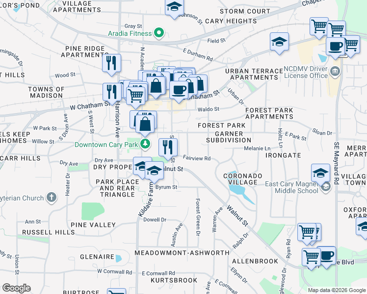 map of restaurants, bars, coffee shops, grocery stores, and more near 313 Keener Street in Cary