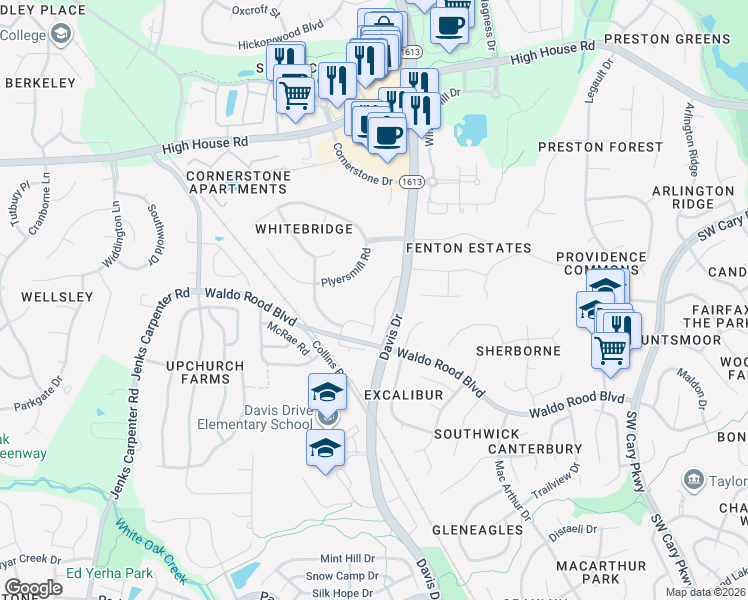 map of restaurants, bars, coffee shops, grocery stores, and more near 238 Daymire Glen Lane in Cary