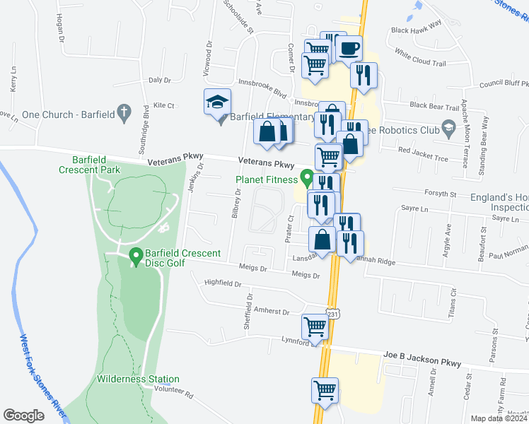 map of restaurants, bars, coffee shops, grocery stores, and more near 261 Veterans Parkway in Murfreesboro