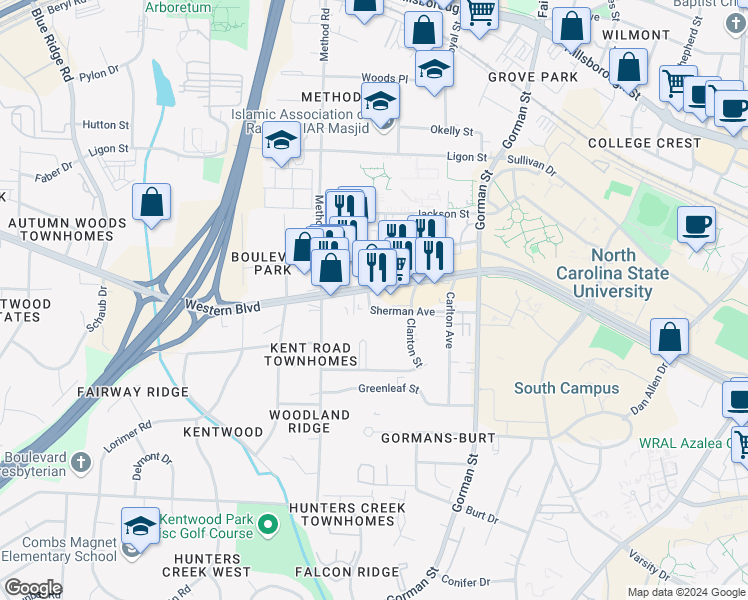 map of restaurants, bars, coffee shops, grocery stores, and more near 3919 Western Boulevard in Raleigh