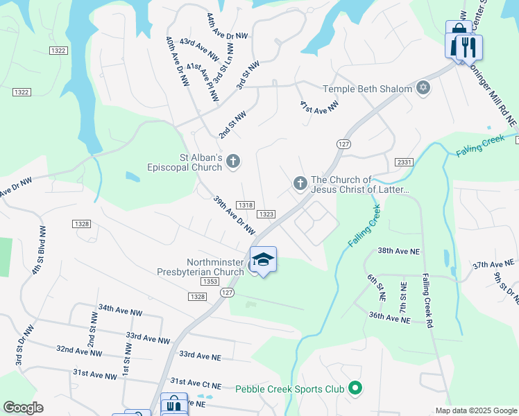 map of restaurants, bars, coffee shops, grocery stores, and more near 19 39th Avenue Court Northwest in Hickory