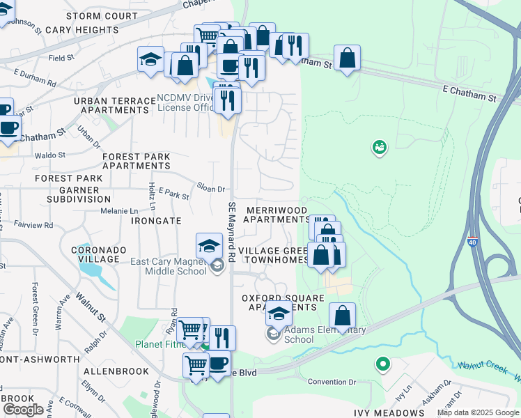 map of restaurants, bars, coffee shops, grocery stores, and more near 250 Maynard Summit Way in Cary