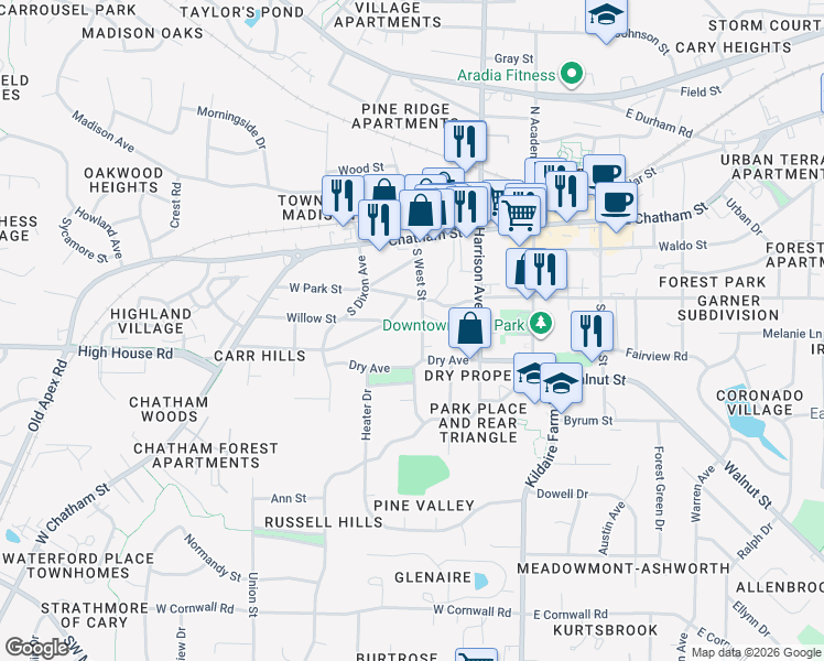 map of restaurants, bars, coffee shops, grocery stores, and more near 314 S West St in Cary
