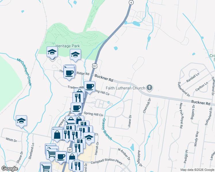 map of restaurants, bars, coffee shops, grocery stores, and more near 2507 Preston Way in Spring Hill