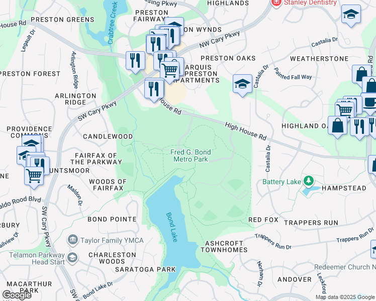 map of restaurants, bars, coffee shops, grocery stores, and more near Metro Park Drive in Cary