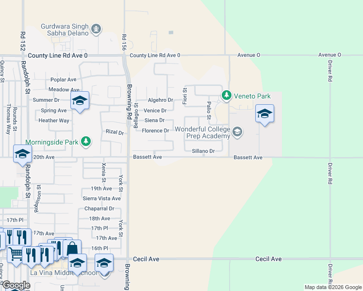 map of restaurants, bars, coffee shops, grocery stores, and more near 2019 Romolo Street in Delano