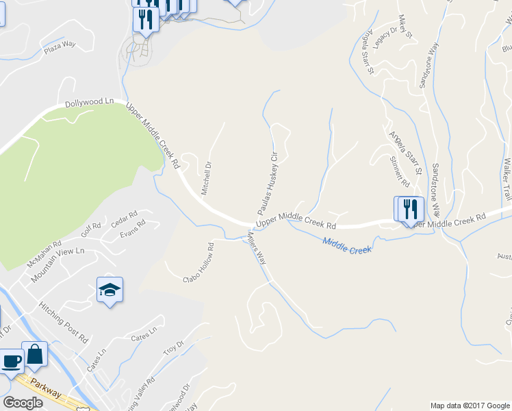 map of restaurants, bars, coffee shops, grocery stores, and more near 1279 Upper Middle Creek Road in Sevierville