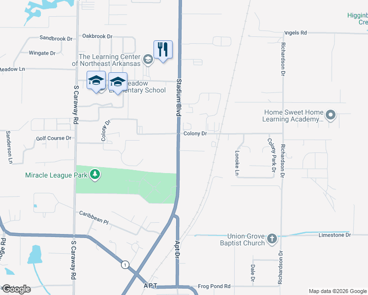 map of restaurants, bars, coffee shops, grocery stores, and more near 3005 Bunting Dr in Jonesboro