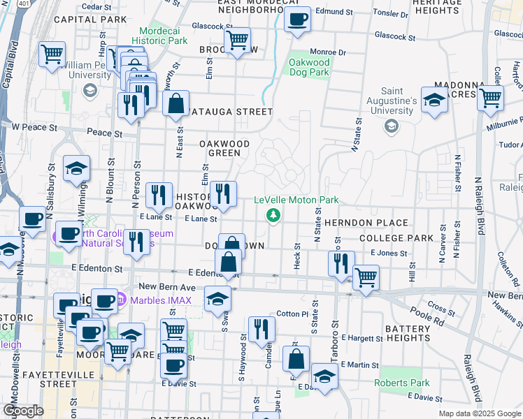 map of restaurants, bars, coffee shops, grocery stores, and more near 314 Seawell Avenue in Raleigh