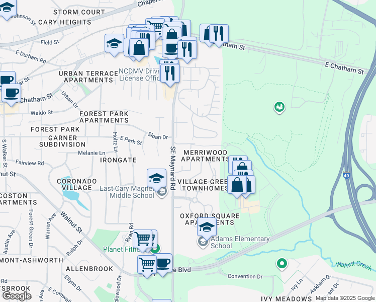 map of restaurants, bars, coffee shops, grocery stores, and more near 1150 Southeast Maynard Road in Cary