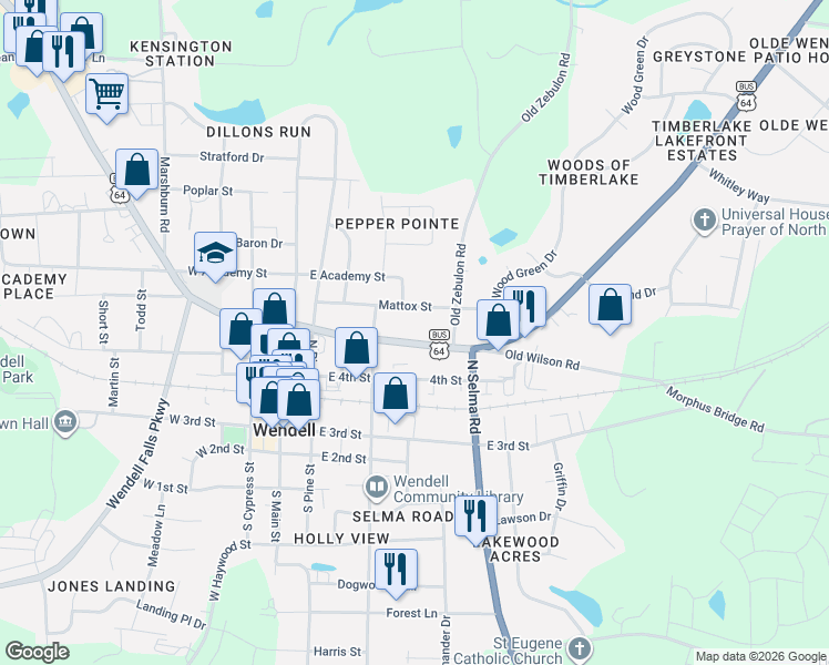map of restaurants, bars, coffee shops, grocery stores, and more near 3951 Wendell Boulevard in Wendell
