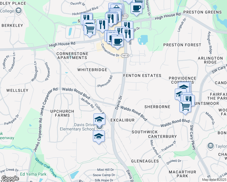 map of restaurants, bars, coffee shops, grocery stores, and more near 238 Daymire Glen Lane in Cary