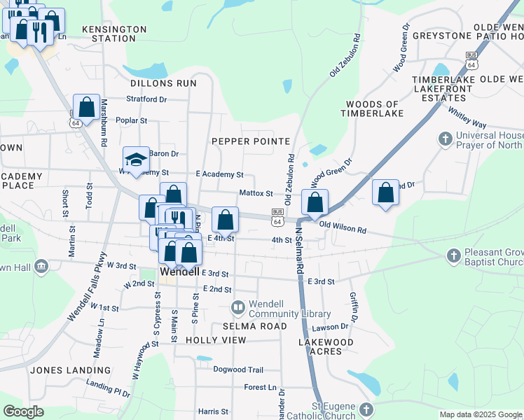 map of restaurants, bars, coffee shops, grocery stores, and more near 3941 Wendell Boulevard in Wendell