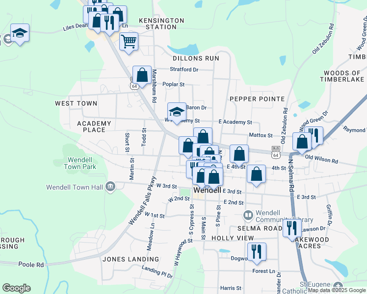 map of restaurants, bars, coffee shops, grocery stores, and more near 210 North Magnolia Street in Wendell