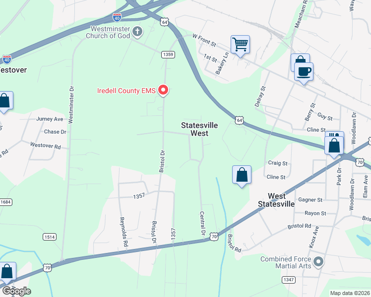 map of restaurants, bars, coffee shops, grocery stores, and more near 514 Holly St in Statesville