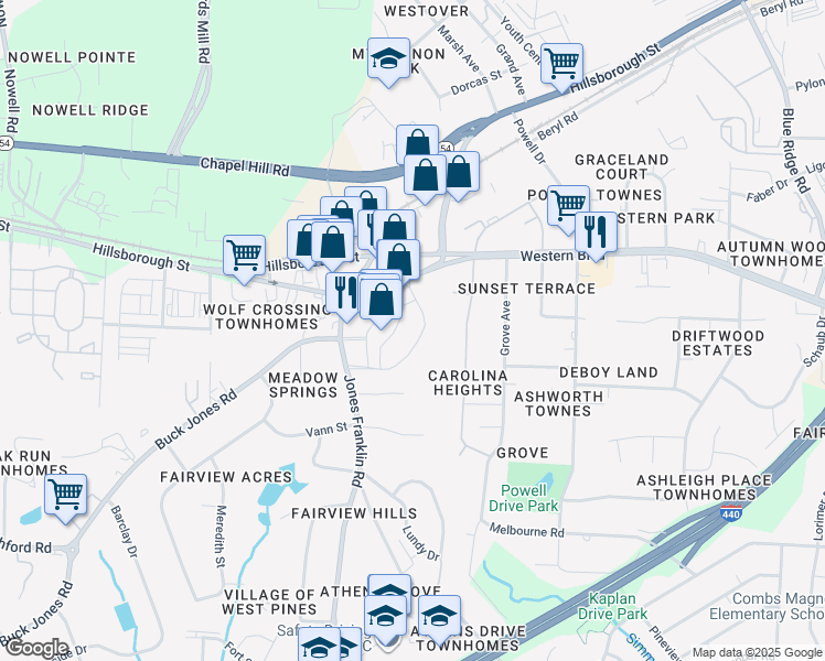 map of restaurants, bars, coffee shops, grocery stores, and more near 133 Hunt Club Lane in Raleigh