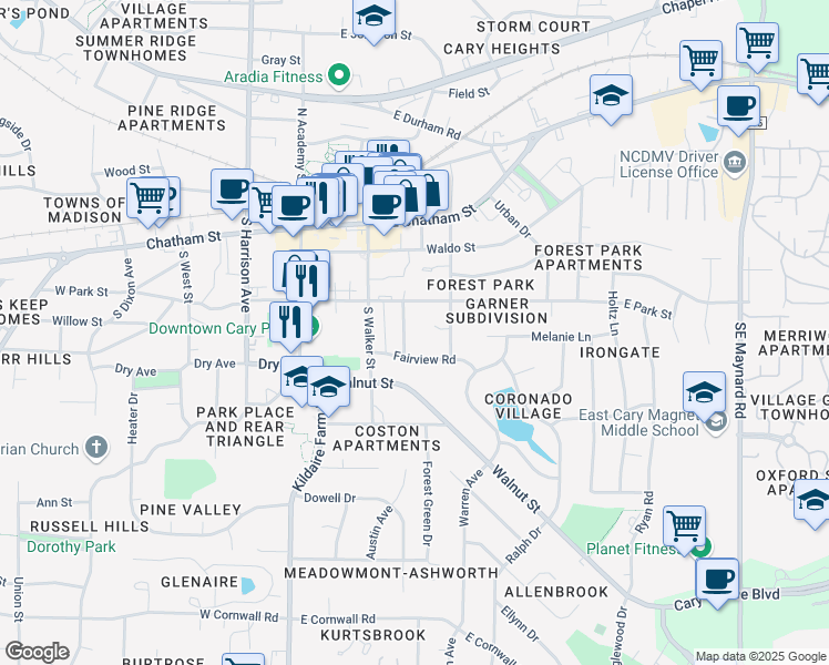 map of restaurants, bars, coffee shops, grocery stores, and more near 313 Keener Street in Cary