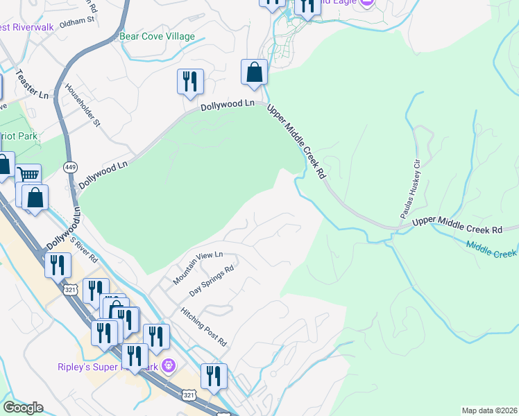 map of restaurants, bars, coffee shops, grocery stores, and more near 617 Cedar Road in Pigeon Forge