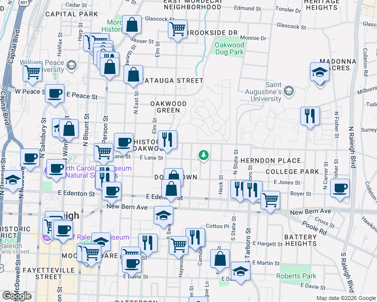 map of restaurants, bars, coffee shops, grocery stores, and more near 314 Seawell Avenue in Raleigh