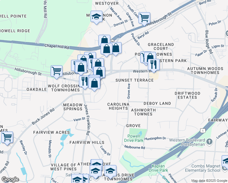 map of restaurants, bars, coffee shops, grocery stores, and more near 605 Carolina Avenue in Raleigh