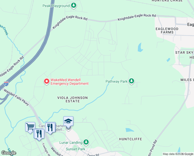 map of restaurants, bars, coffee shops, grocery stores, and more near 1105 Poinsettia Lane in Wendell