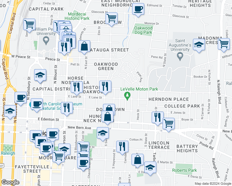 map of restaurants, bars, coffee shops, grocery stores, and more near 316 Cooke Street in Raleigh