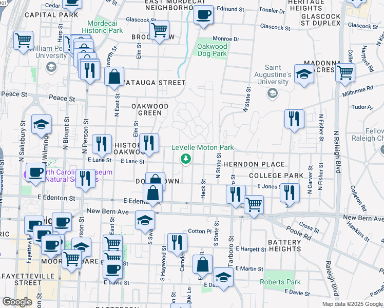 map of restaurants, bars, coffee shops, grocery stores, and more near 313 Idlewild Avenue in Raleigh