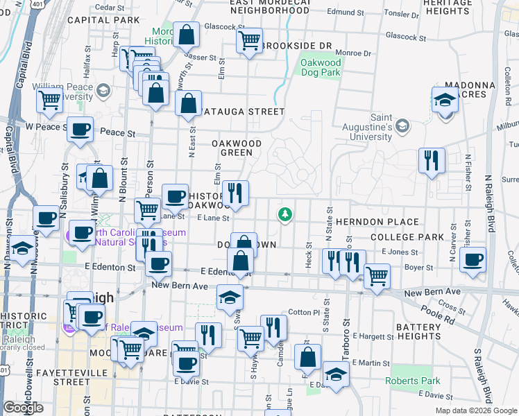 map of restaurants, bars, coffee shops, grocery stores, and more near 314 Seawell Avenue in Raleigh