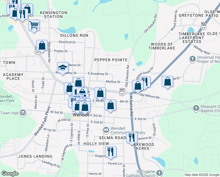 map of restaurants, bars, coffee shops, grocery stores, and more near 3901 Wendell Boulevard in Wendell