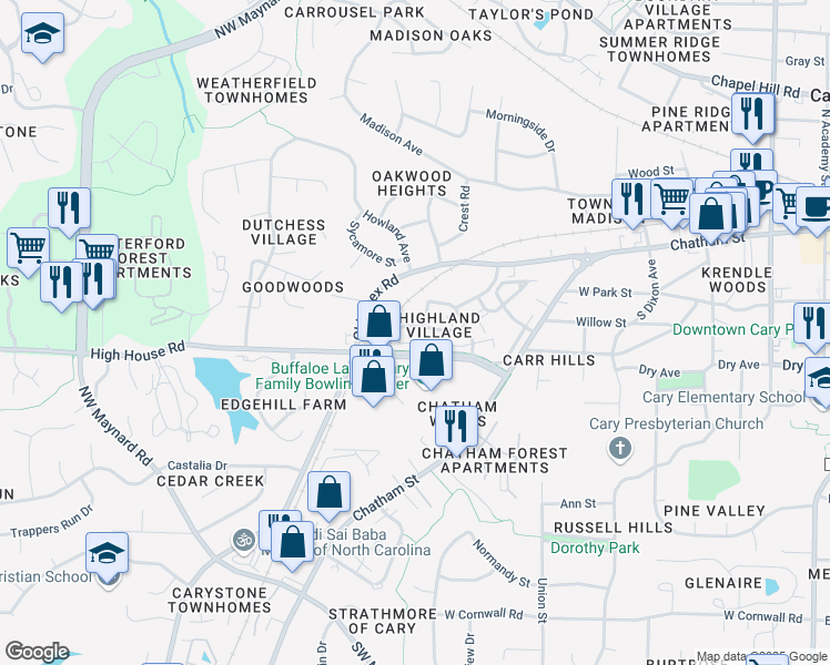 map of restaurants, bars, coffee shops, grocery stores, and more near 900 Duncan Vale Way in Cary