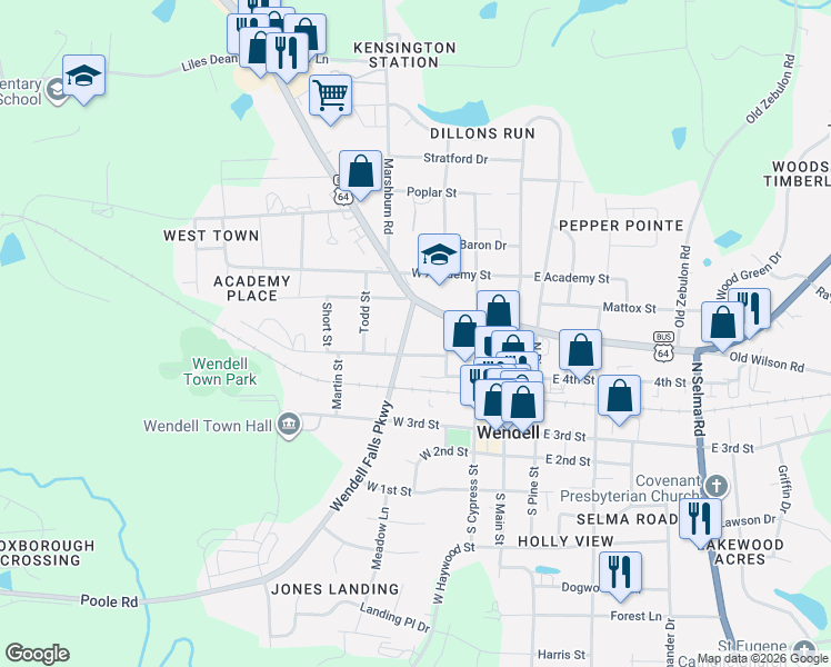 map of restaurants, bars, coffee shops, grocery stores, and more near 121 Wendell Falls Parkway in Wendell