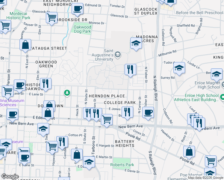 map of restaurants, bars, coffee shops, grocery stores, and more near 1416 Oakwood Avenue in Raleigh