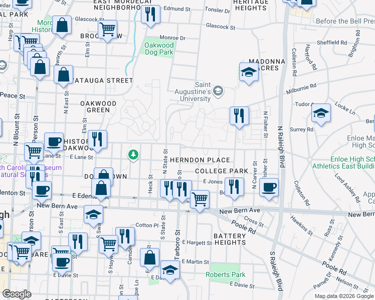 map of restaurants, bars, coffee shops, grocery stores, and more near 1316 Oakwood Avenue in Raleigh