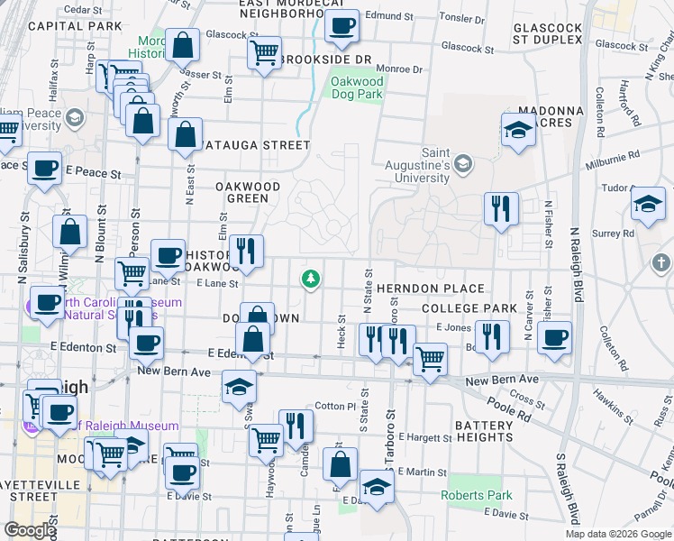 map of restaurants, bars, coffee shops, grocery stores, and more near 310 Idlewild Avenue in Raleigh