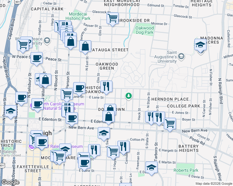 map of restaurants, bars, coffee shops, grocery stores, and more near 313 Cooke Street in Raleigh