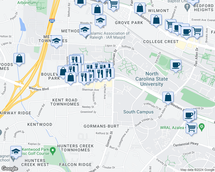 map of restaurants, bars, coffee shops, grocery stores, and more near 1008 Carlton Avenue in Raleigh