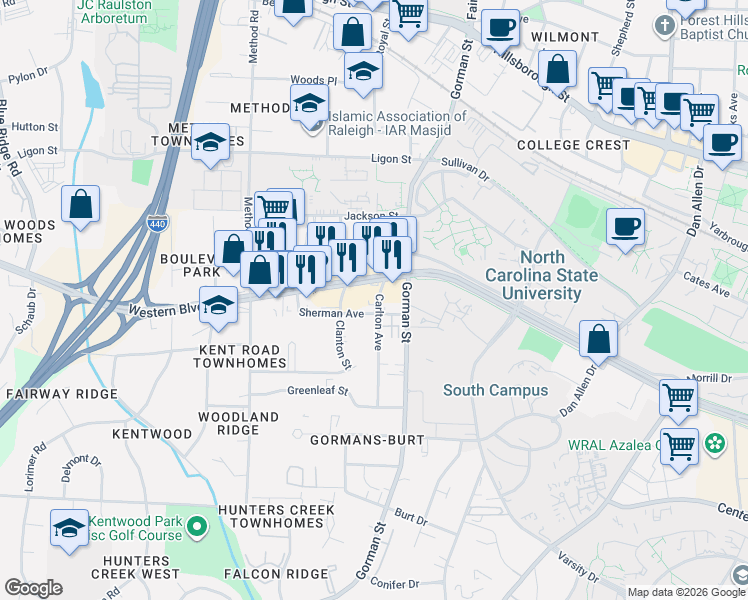 map of restaurants, bars, coffee shops, grocery stores, and more near 1008 Carlton Avenue in Raleigh