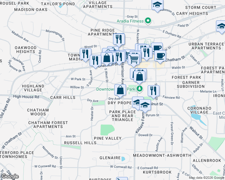 map of restaurants, bars, coffee shops, grocery stores, and more near 130 Manhattan Court in Cary