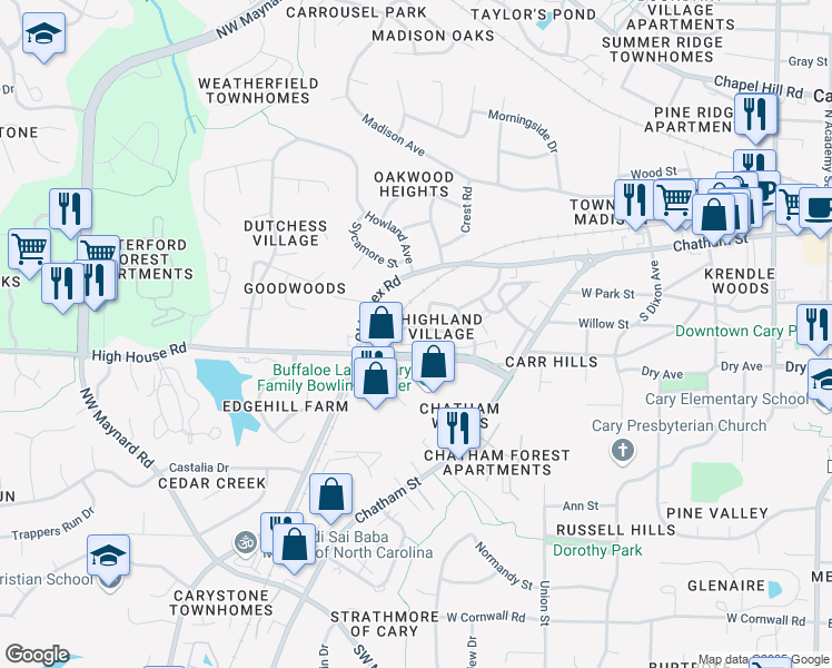 map of restaurants, bars, coffee shops, grocery stores, and more near 900 Highland Village Drive in Cary