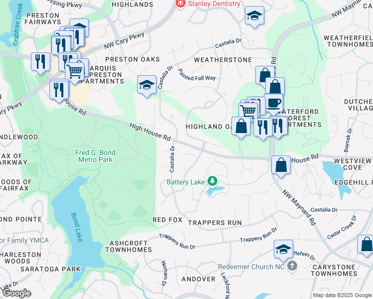 map of restaurants, bars, coffee shops, grocery stores, and more near 108 Brook Hollow Court in Cary