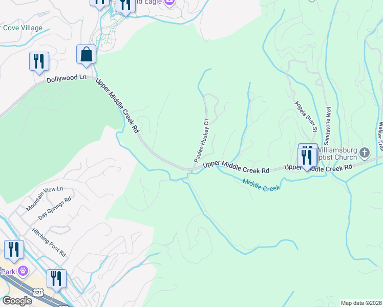 map of restaurants, bars, coffee shops, grocery stores, and more near 1279 Upper Middle Creek Road in Sevierville